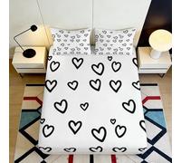 3D Printed Black Heart Fitted Sheet Microfiber White Love Pattern Mattress Cover Anti-Slip Easy Care for Bedroom Home Decor 90x200x25cm