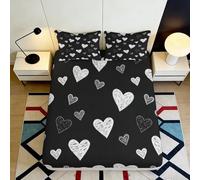 3D Printed Black Heart Pattern Fitted Sheet Microfiber Soft Breathable White Sketch Bed Cover for Bedroom Guest Room Decor 90x200x25cm