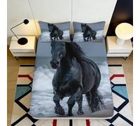 3D Printed Black Horse Fitted Sheet Microfiber Soft Breathable Ocean Wave Bed Cover for Bedroom Dormitory Guest Room Mattress Protection Decor 160x200x25cm