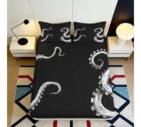 3D Printed Black Octopus Fitted Sheet Microfiber Bedroom Decor Tentacle Mattress Cover Anti-Slip Machine Washable 90x200x25cm