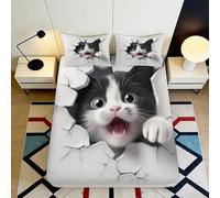 3D Printed Black White Cat Fitted Sheet Microfiber Soft Breathable Broken Wall Mattress Cover Bedroom Decor 90x200x25cm