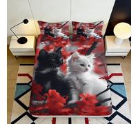 3D Printed Black White Cat Fitted Sheet Microfiber Soft Red Floral Bed Cover for Bedroom Guest Room Decor 90x200x25cm
