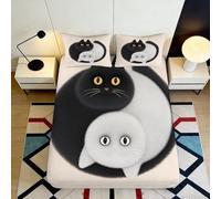 3D Printed Black White Cat Fitted Sheet Microfiber Soft Slip-Resistant Yin Yang Cat Bed Cover for Bedroom Dorm Room Mattress Decor 90x200x25cm