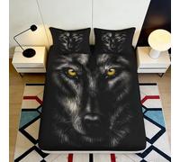 3D Printed Black Wolf Fitted Sheet Microfiber Soft Breathable Yellow Eyes Bed Cover for Bedroom Guestroom Mattress Protection 90x200x25cm