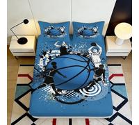 3D Printed Blue Basketball Fitted Sheet Microfiber Soft Non-Slip Sport Player Mattress Cover for Bedroom Dorm Decor Easy Care 90x200x25cm