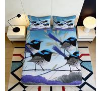 3D Printed Blue Bird Fitted Sheet Microfiber Soft Anti-Slip Black Feather Bed Sheet for Bedroom Guest Room Decor 90x200x25cm