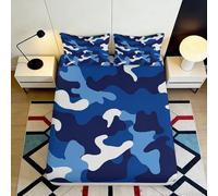 3D Printed Blue Camouflage Fitted Sheet Microfiber Soft Modern Navy Pattern Mattress Cover for Bedroom Decor 90x200x25cm