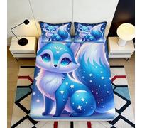 3D Printed Blue Fox Fitted Sheet Microfiber Soft Breathable Star Night Mattress Cover for Bedroom Dorm Mattress Protection Decor 90x200x25cm
