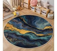 3D Printed Blue Gold Swirl Marble Round Area Rug Circular Carpet Soft Non-Slip Washable Mat Low Pile Rug Abstract Lines Anti-Slip Carpet For Living Room Bedroom Decoration,200Cm