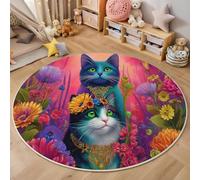 3D Printed Blue-Green Flower Cat Round Area Rug Circular Carpet Soft Non-Slip Washable Mat Low Pile Rug Fantasy Animals Anti-Slip 3D Carpet For Living Room Bedroom Decoration,180Cm