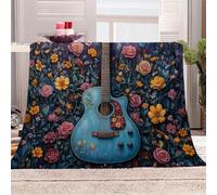 3D Printed Blue Guitar And Colorful Flowers Flannel Fleece Blanket （270GSM） Fantasy Art Style Super Cozy 270x230 cm King Size Fade Resistant Home Decor Gift - Machine Washable
