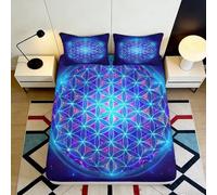 3D Printed Blue Sacred Geometry Fitted Sheet Microfiber Soft Breathable Neon Flower of Life Mattress Cover for Bedroom Dorm Decor 90x200x25cm