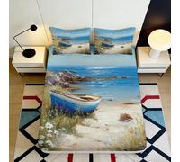 3D Printed Blue Seaside Boat Fitted Sheet Microfiber Soft Breathable Ocean Beach Mattress Cover for Bedroom Guest Room Decor 90x200x25cm