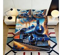 3D Printed Blue Steam Train Fitted Sheet Microfiber Soft Durable Orange Canyon Bed Cover for Bedroom Dorm Decor 90x200x25cm