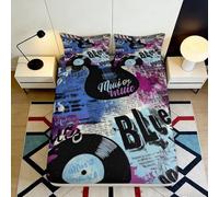 3D Printed Blue Vinyl Music Fitted Sheet Microfiber Non-Slip Deep Pocket Music Style Mattress Fitted Cover for Bedroom Bedding 180x200x25cm