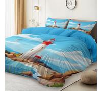 3D Printed Blue White Duvet Cover, Premium Lightweight Reversible Microfiber Coastal Lighthouse Rocks Ocean Shore Quilt Cover with Zipper, 230 x 220 cm 3 Piece Bedding for Dog Lover Girl