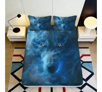 3D Printed Blue Wolf Fitted Sheet Microfiber Soft Breathable Night Sky Mattress Cover for Bedroom Dorm Protection Decor 90x200x25cm