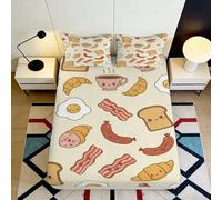 3D Printed Breakfast Pattern Fitted Sheet Microfiber Non-Slip Deep Pocket Full Wrap Breakfast Mattress Fitted Cover Washable 180x200x25cm