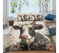 3D Printed Breathable Microfiber Cow with butterfly Duvet Cover Easy Care Bedding Set with Pillow Shams Vintage floral art Quilt Cover All Season Machine Washable for Home Decoration King（220x240cm）