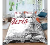3D Printed Breathable Microfibre Paris skyline Comforter Cover Soft Bedding Set with Pillowcases vector art style Bed Quilt Cover All Season Easy Care Machine Washable for Couples Double（200x200cm）
