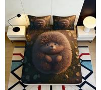 3D Printed Brown Hedgehog Fitted Sheet Microfiber Soft Washable Autumn Leaves Bed Sheet for Bedroom Dorm Mattress Cover 90x200x25cm