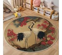 3D Printed Brown-Red Pine Branch Crane Round Area Rug Circular Carpet Soft Non-Slip Washable Mat Low Pile Rug Traditional Painting Anti-Slip Carpet For Living Room Bedroom Decoration,180Cm