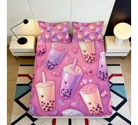 3D Printed Bubble Tea Fitted Sheet Microfiber Pink Cartoon Boba Drink Bed Cover for Bedroom Dorm Mattress Decor 90x200x25cm