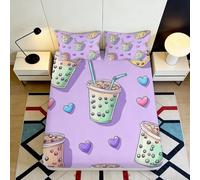3D Printed Bubble Tea Fitted Sheet Microfiber Soft Purple Bedroom Decor Colorful Hearts Mattress Cover for Home Dorm 160x200x25cm