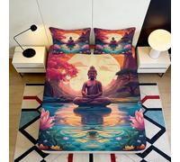 3D Printed Buddha Lotus Fitted Sheet Microfiber Soft Breathable Sunset Meditation Bed Cover for Bedroom Guestroom Decor 90x200x25cm