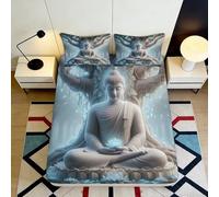 3D Printed Buddha Meditation Fitted Sheet Microfiber Soft Grey Lotus Bed Cover Anti-Slip Bedroom Decor Mattress Protection 90x200x25cm
