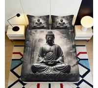 3D Printed Buddha Statue Fitted Sheet Microfiber Black White Meditation Bed Cover Non Slip Washable for Bedroom Dorm Decor 90x200x25cm