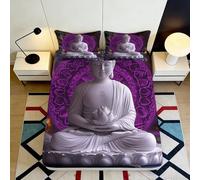 3D Printed Buddha Statue Fitted Sheet Microfiber Purple Mandala Bed Cover for Bedroom Dorm Mattress Protection Decor 90x200x25cm