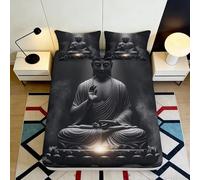 3D Printed Buddha Statue Fitted Sheet Microfiber Soft Black Zen Meditation Bed Cover for Bedroom Dorm Mattress Decor 90x200x25cm