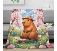 3D Printed Capybara wearing hat Couch Blanket Microfiber Warm Soft Bedding Lightweight Cartoon spring scene Cozy Throw Blanket Luxurious Gift for Wedding Anniversary Newlyweds 80×90inch(200x230cm)