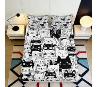 3D Printed Cartoon Cat Pattern Fitted Sheet Microfiber Soft Black White Animal Bed Cover for Bedroom Guestroom Decor 90x200x25cm