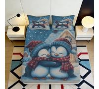3D Printed Cartoon Penguin Fitted Sheet Microfiber Non-Slip Deep Pocket Bedroom Bedding Penguin Mattress Fitted Cover Washable for Home 200x200x25cm