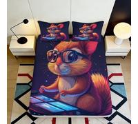 3D Printed Cartoon Squirrel Fitted Sheet Microfiber Non-Slip Deep Pocket Squirrel Mattress Fitted Cover Washable Bedding 180x200x25cm