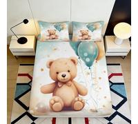 3D Printed Cartoon Teddy Fitted Sheet Microfiber Deep Pocket Non-Slip Bear Mattress Fitted Cover Washable Bedding 90x200x25cm