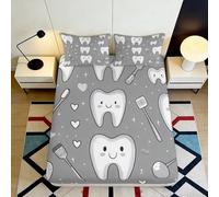 3D Printed Cartoon Tooth Fitted Sheet Microfiber Soft Grey Happy Brush Bed Cover for Bedroom Decor Mattress Protection 90x200x25cm