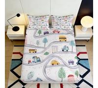 3D Printed Cartoon Traffic Route Microfiber Deep Pocket Fitted Sheet for Adults Bedroom, Full Wrap Road Pattern Mattress Fitted Cover Washable Protection 140x200x25cm