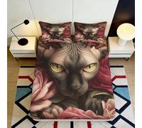 3D Printed Cat Floral Fitted Sheet Microfiber Deep Pocket Non-Slip Bedroom Bedding Set Cat Flower Mattress Fitted Cover Washable Mattress Protection 160x200x25cm