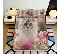 3D Printed Cat Floral Fitted Sheet Microfiber Deep Pocket Non-Slip Cat Flower Mattress Fitted Cover Washable Bedroom 180x200x25cm