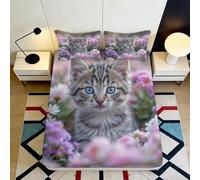 3D Printed Cat Flower Fitted Sheet Microfiber Deep Pocket Bedroom Bedding Elastic Hem Cat Mattress Fitted Cover Non-Slip Washable 180x200x25cm
