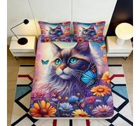 3D Printed Cat Flower Fitted Sheet Microfiber Deep Pocket Non-Slip Elastic Hem Home Bedding Cat Mattress Fitted Cover Washable 180x200x25cm
