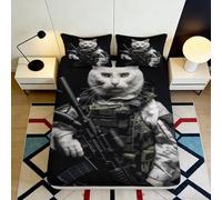 3D Printed Cat Soldier Fitted Sheet Microfiber Deep Pocket Bedroom Bedding Set Non-Slip Cat Pattern Mattress Fitted Cover Washable 160x200x25cm