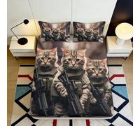 3D Printed Cat Soldier Fitted Sheet Microfiber Deep Pocket Cat Soldier Mattress Fitted Cover Non-Slip All Round Bedding 160x200x25cm