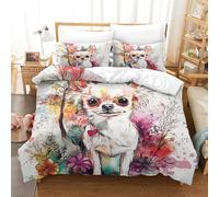 3D Printed Chihuahua Duvet Cover Set Bedding Set Watercolor Flowers Hidden Zipper for Kid Teens Boys And Girls Man for Adults Bedroom Decoration King（220x240cm）