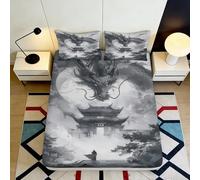 3D Printed Chinese Ink Dragon Fitted Sheet Microfiber Breathable Black Cloud Bed Cover for Bedroom Dorm Decor 90x200x25cm