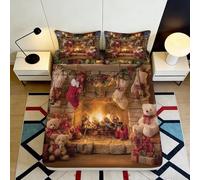 3D Printed Christmas Fireplace Fitted Sheet Microfiber Festive Teddy Bear Bed Cover for Bedroom Home Decor 90x200x25cm