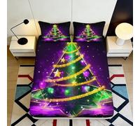 3D Printed Christmas Tree Fitted Sheet Microfiber Purple Luminous Bed Cover Anti-Slip Machine Washable Home Decor 90x200x25cm